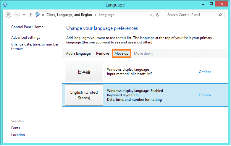 Language Pack not usable - control panel - move up - WindowsWally