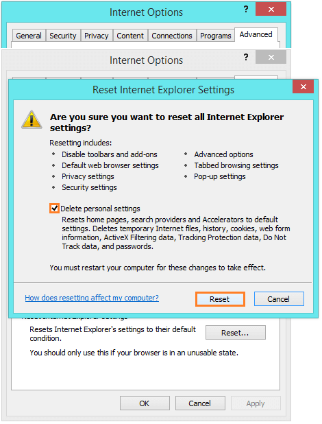 Internet Explorer 11 - Internet Options - Advanced - Reset - Reset -- Windows Wally
