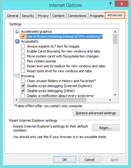 Internet Explorer 11 - Internet Options - Advanced - Use software rendering instead of GPU rendering -- Windows Wally