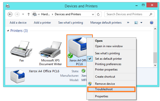 Windows 8 Printer - Devices and Printers - right-click - Troubleshoot -- Windows Wally
