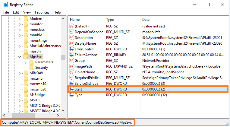 Firewall - Registry Editor - Services MpsSvc Start - Windows 10 - Windows Wally