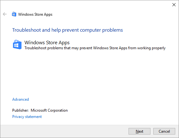 0x8E5E0407 -- Windows 10 - Control Panel - Troubleshooting - Vew all - Windows store apps - 2 - Windows Wally
